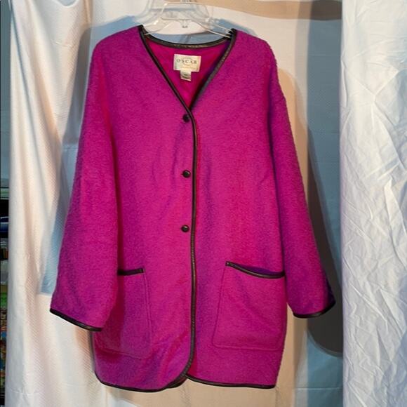 Oscar De La Renta 16w generous hot pink mohair jacket euc pockets leather trim - Picture 1 of 12